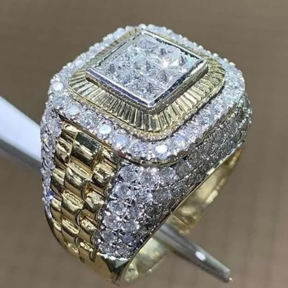 🆕 Men's  Micro Pave Statement 2.00 Ctw, Diamond Ring 18K Yellow Gold Pltd 🆕